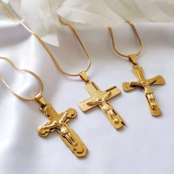 ORIGINAL Kalung Salib Yesus Titanium Import Warna Emas Pria dan Wanita READY STOCK