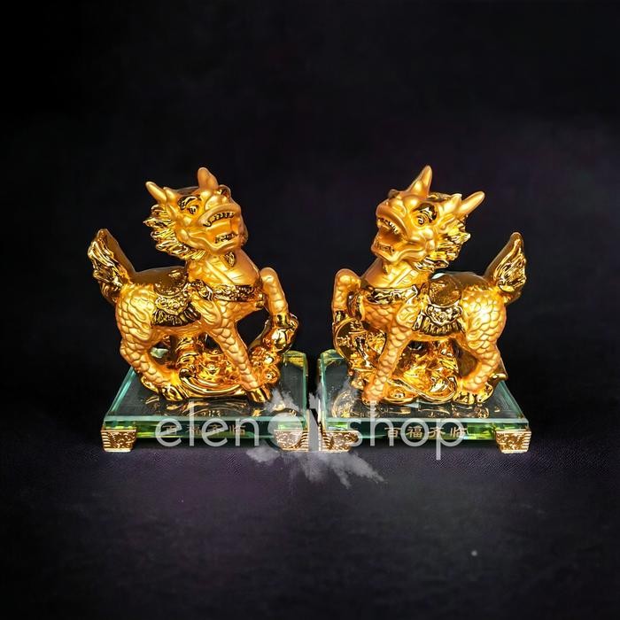 Ready...Ready...Ready...] Patung Fengshui Sepasang Qi Lin Chi Lin Kei Loon Gold Tatakan Crystal