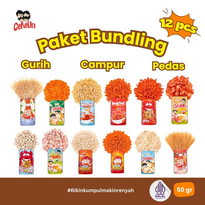 

CEKELIN Cemilan Paket Bundling 12pcs Makaroni Mie Lidi Basreng Keripik Tempe Pilus Kerupuk Seblak