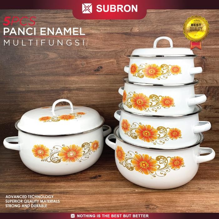 SUBRON panci Set 5 Pcs Masak Sup Bahan Enamel Dengan Tutup Motif Bunga panci original Dapur