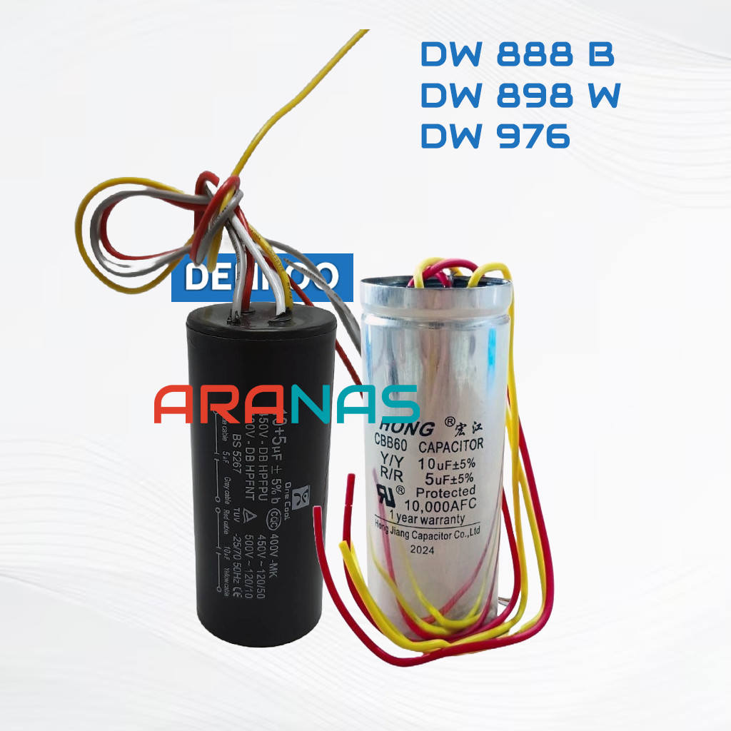 10+5 uF KAPASITOR DENPOO 8 Kg DW 888B 898W 976 Capacitor Starter Mesin Cuci 2 Tabung Denpo 888 B 898