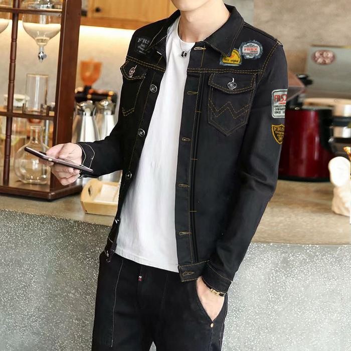 Jaket Denim Cowok Bordir Lengan Panjang Hitam