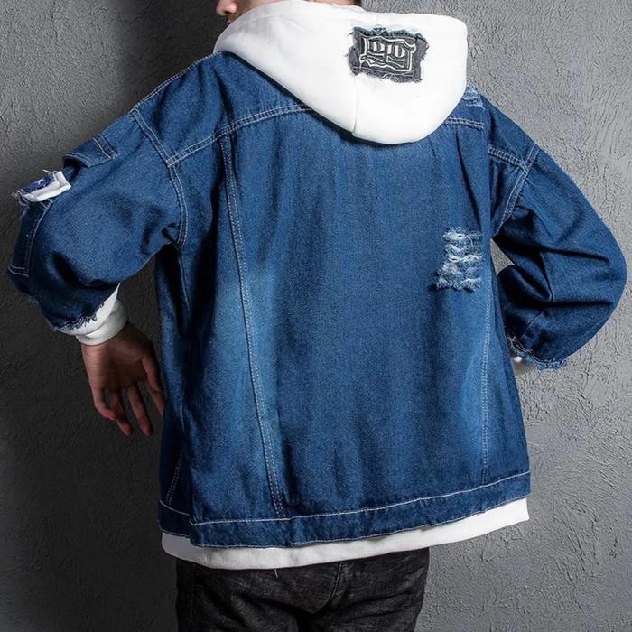 Jaket Jeans Denim Cowok Kupluk Kombinasi Lotto Slimfit Hitam Pria Distro Casual - Formal, Blazer