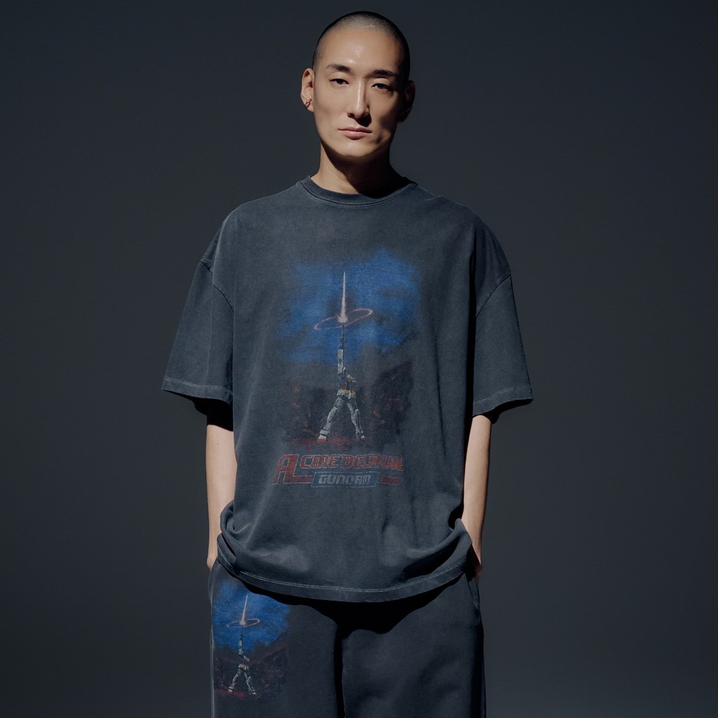 ADLV Mobile Suit Gundam Last Shooting Pigment Washing Short Sleeve T-Shirt Charcoal - Kaos Wide Fit 