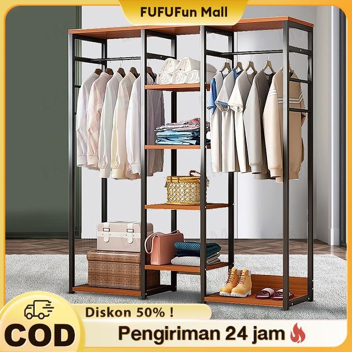 Fufu Lemari Gantungan Baju Multifungsi Rak Penyimpanan Pakaian Kayu Dan Besi - Hemat Ruang, Praktis