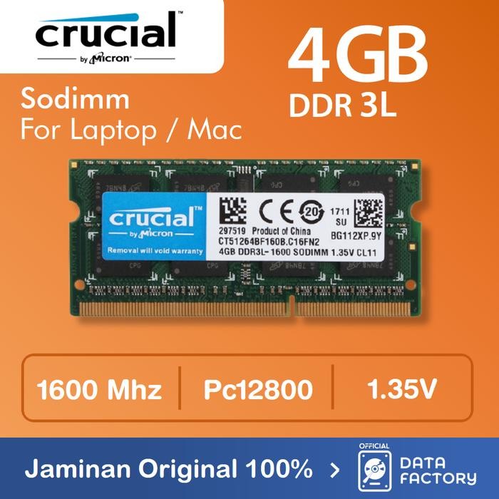 RAM LAPTOP CRUCIAL DDR3L 4GB SODIMM 1600MHZ PC12800 DDR3 1RX8 MEMORY