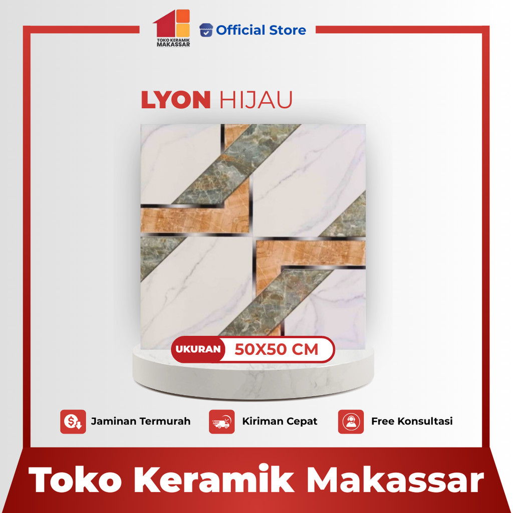 Keramik Lantai Ukuran 50x50 Lyon Hijau Glossy Motif Connecting/Nyambung