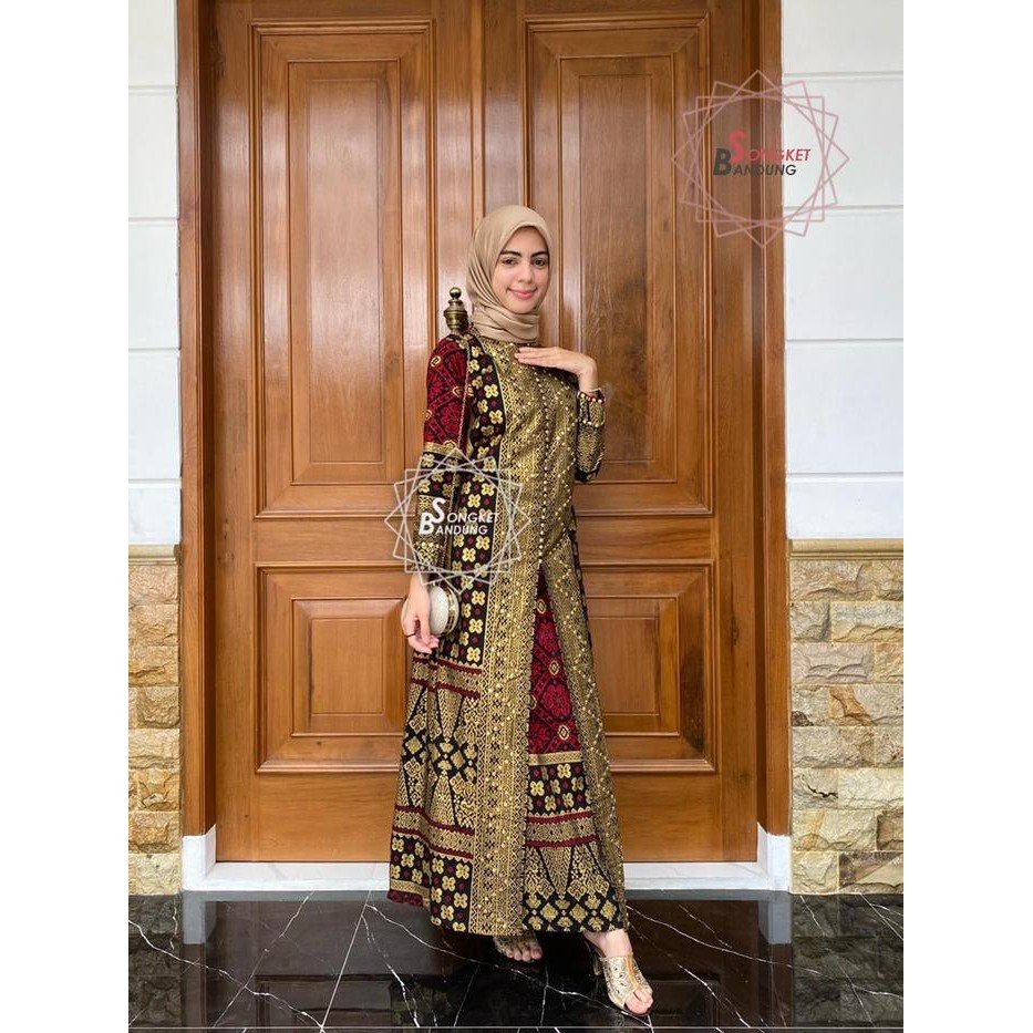 Gamis Maudy Long Dress Batik Jupri Motif Songket Printing Couple Gold Katun Panjang Tangan Payet