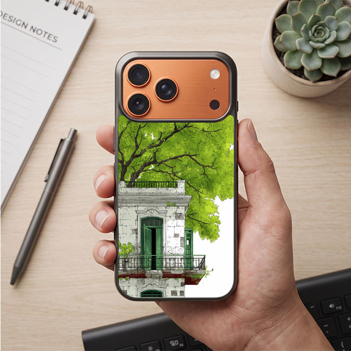 Case Casing iPhone 17 16 15 14 13 12 11 Pro Max Air Plus Mini Green Balcony Sketch FX0356