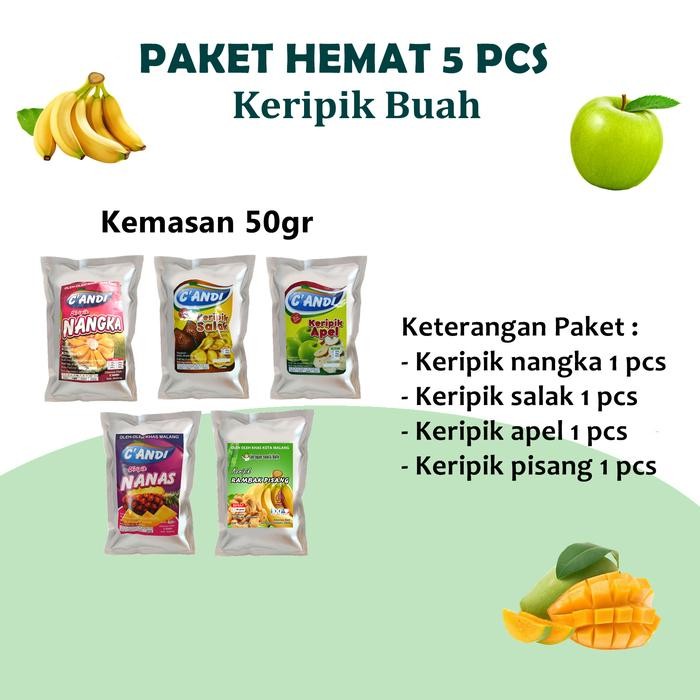 

PAKET HEMAT 10 PCS KERIPIK BUAH NANGKA APEL NANAS KEMASAN 50 GR KERIPIK NANGKA APEL SALAK BUAH