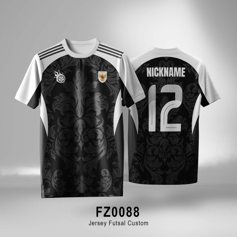 ATASAN BAJU JERSEY BOLA FUTSAL HITAM PUTIH MOTIF BATIK CUSTOM LENGAN PENDEK