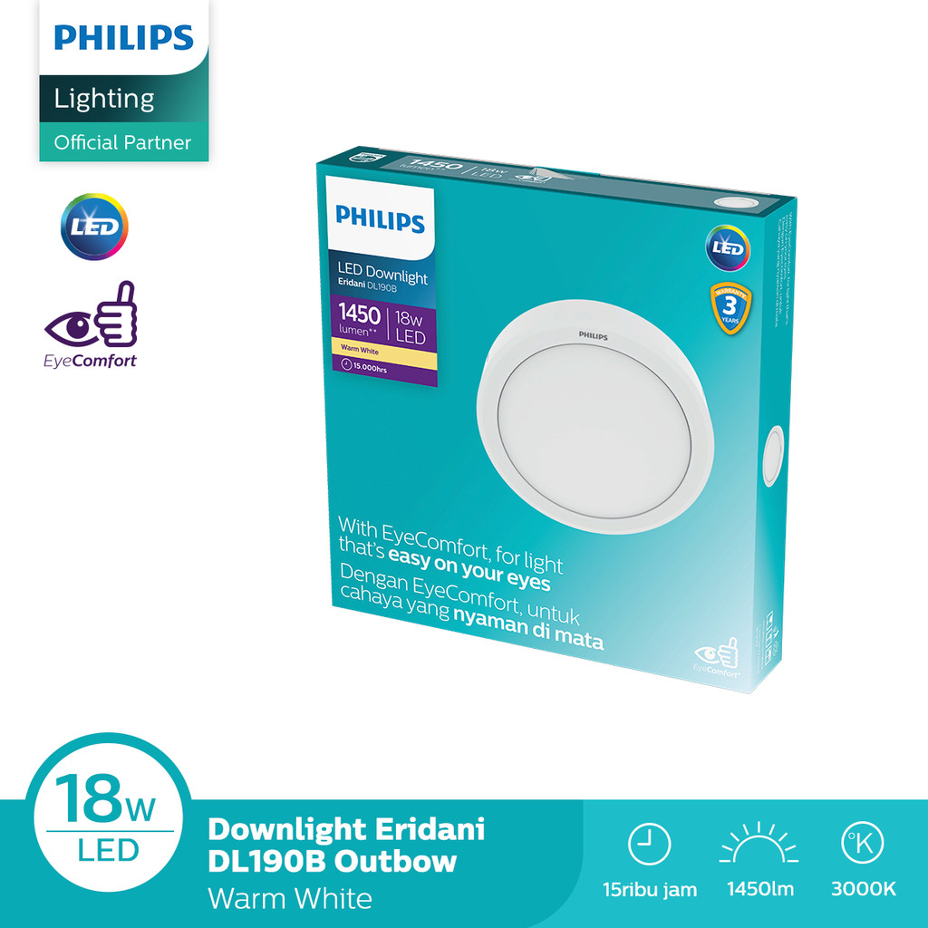 Philips Lampu Downlight Eridani Bulat Surface 18W D200 Kuning 3000K