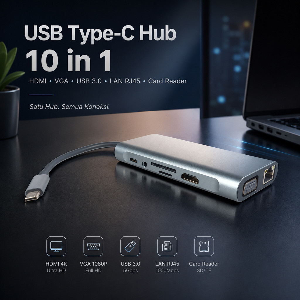 EASYIDEA USB Type C Hub 10 in 1 HDMI VGA USB 3.0 LAN RJ45 Card Reader - VD76