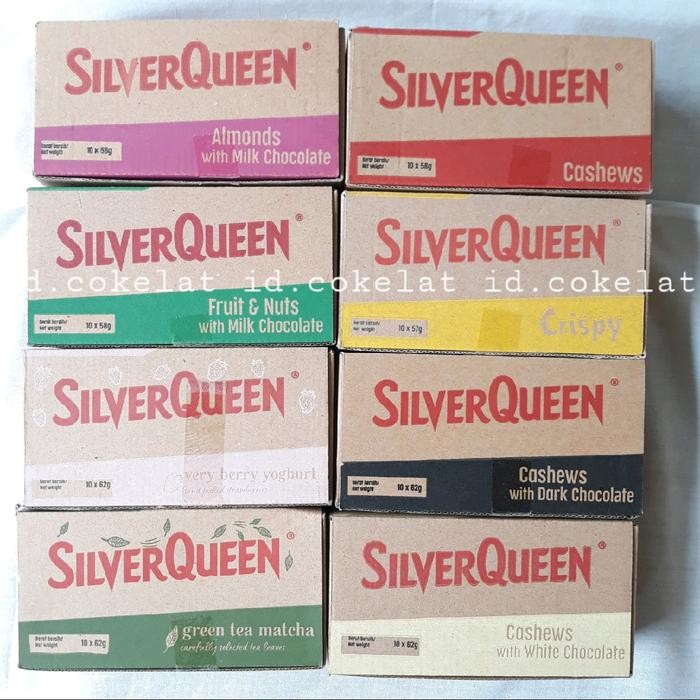 

1 BOX Silverqueen 55gr Coklat Besar Isi 10pc - Varian Rasa Mede/Cashew, Almond, Fruit, Dark, Green,