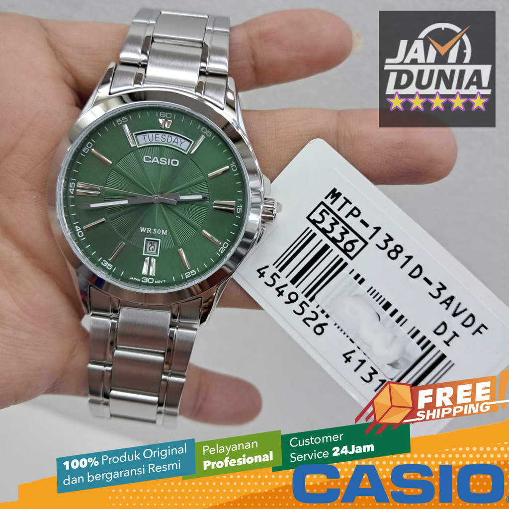 JAM TANGAN PRIA CASIO ANALOG ORIGINAL STAINLESS STEEL SILVER GREEN CASIO MTP-1381D-3AVDF CASIO MTP 1