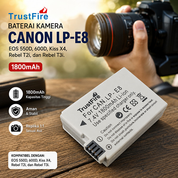 ORI TrustFire Baterai Kamera Canon EOS 550D 600D Kiss X4 Rebel T2i 1800mAh - LP-E8 (Replika 1:1)