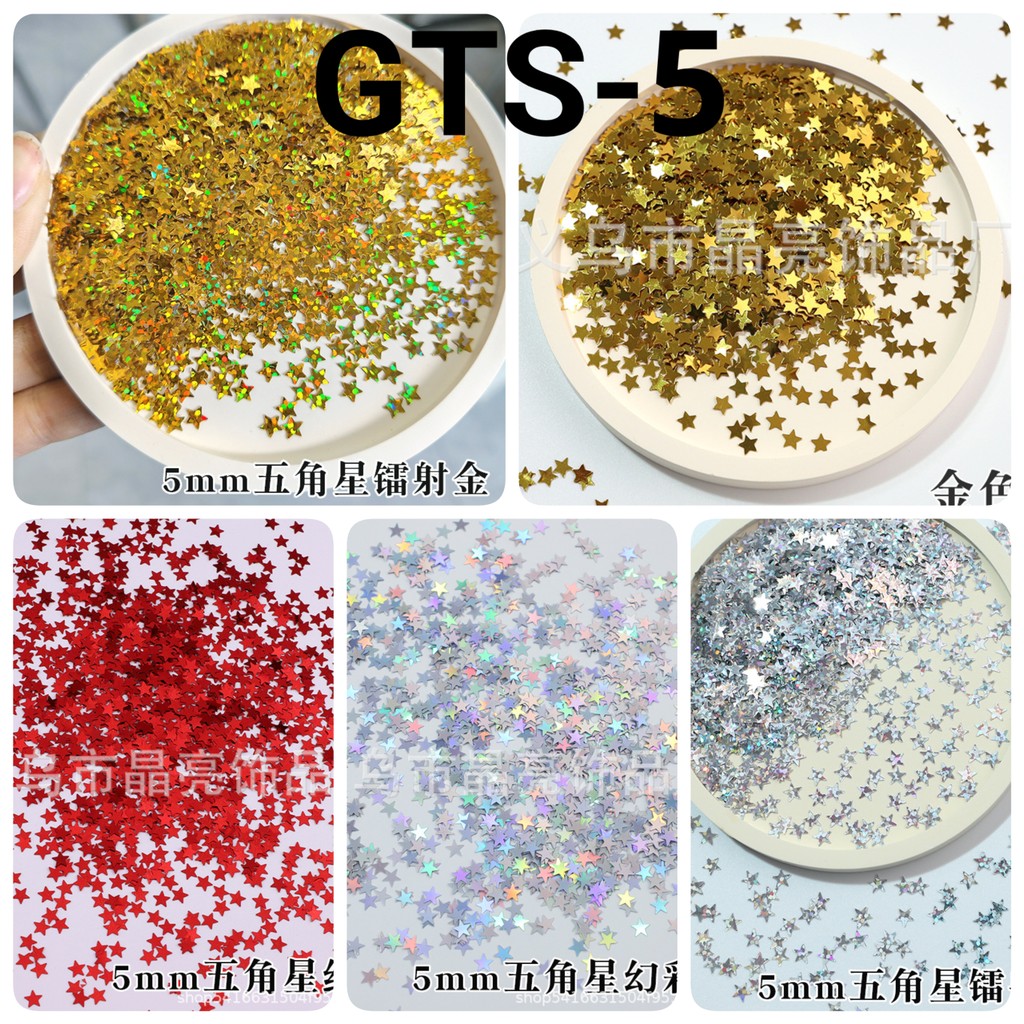 GTS-5 Glitter payet mote monte hiasan dummy cake make up nail art bintang 5mm 10gr gold merah hijau 