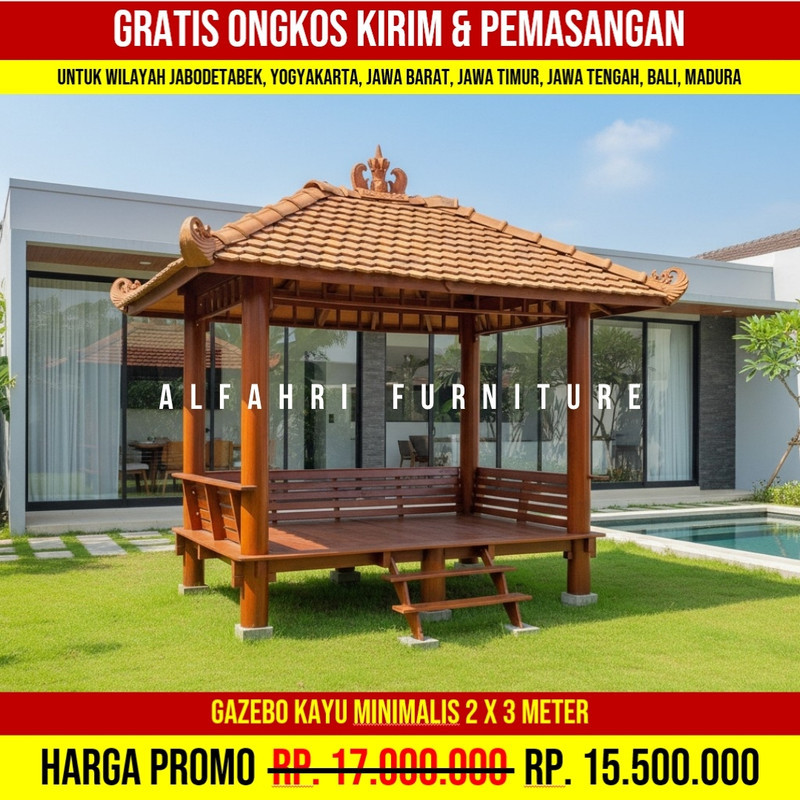 Gazebo Kayu Desain Tropis Klasik Gaya Resort 2x3 Atap Genteng Sirap