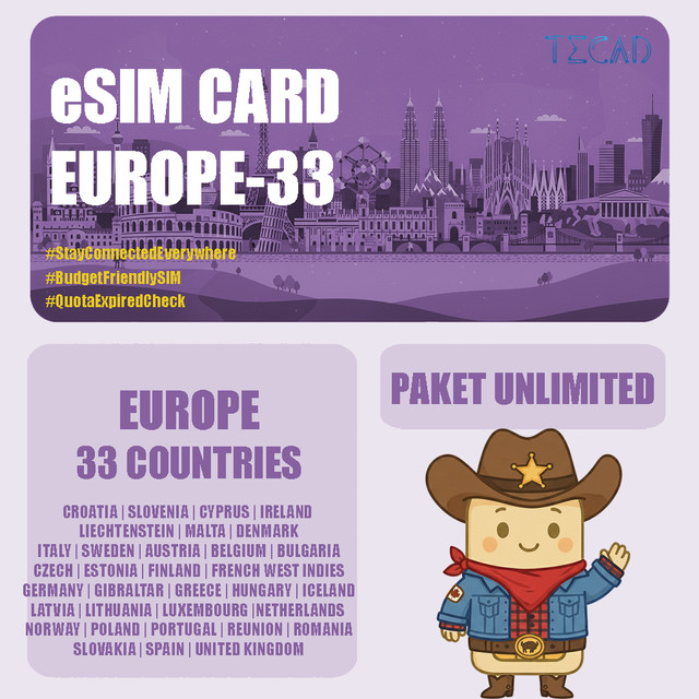 Tec eSIM Europe Eropa-33 Areas Internet Paket Unlimited UNLIMITED/Day - 3 Hari