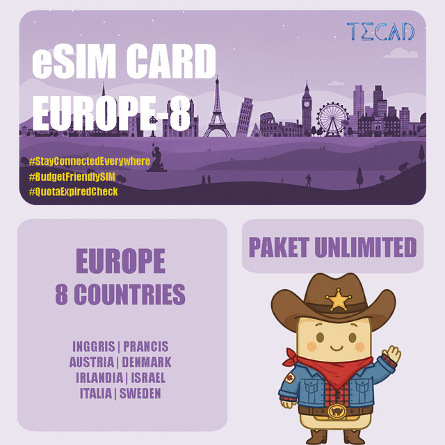 Tec eSIM Europe Eropa-8 Areas Internet Paket Unlimited UNLIMITED/Day - 3 Hari