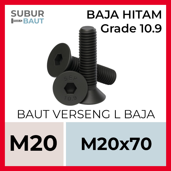 Baut JF L Baja Hitam / Baut Verseng L M20x70 / 20x70 / 20 x 70 Grade 10.9 [Socket Countersunk Screw]