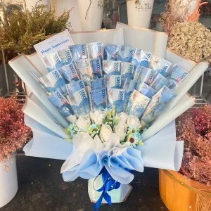 buket uang 50rb 30 lembar, bunga artificial