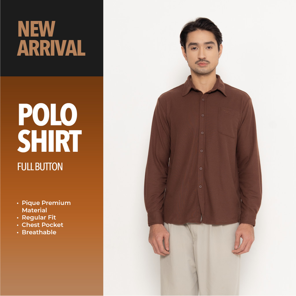 Erigo Polo Shirt Full Button Long Sleeve Berthold Brown - Kemeja Kerah Lengan Panjang Polos Unisex