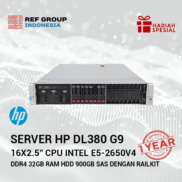 Server HP ProLiant DL380 G9 16x2.5" CPU Intel E5-2650V4 DDR4 32GB RAM HDD 900GB SAS dengan Railkit