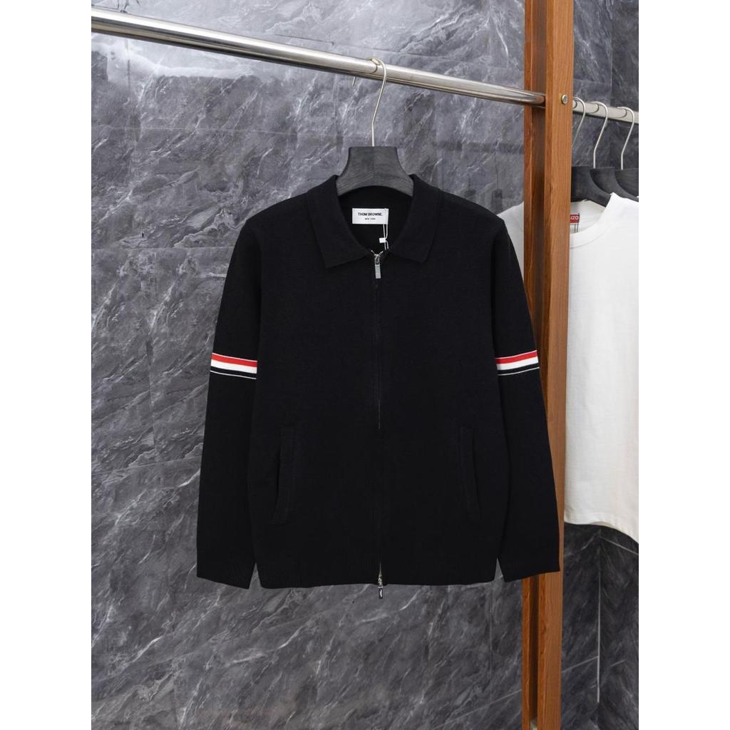 Cardigan Zipper Pria Lengan Panjang Rajut Outer Pria Rajut Zipper Motif Garis Trendy Black