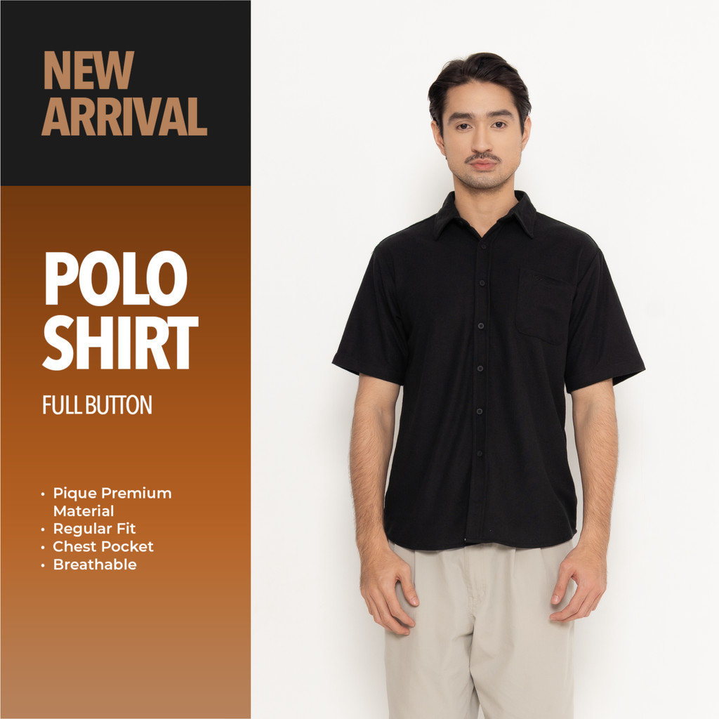 Erigo Polo Shirt Full Button Short Sleeve Fridmar Black - Kemeja Kerah Lengan Pendek Polos Unisex
