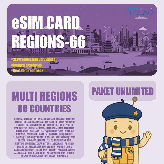 Tec eSIM Multi Region-66 Areas Internet Paket Unlimited UNLIMITED/Day - 3 Hari