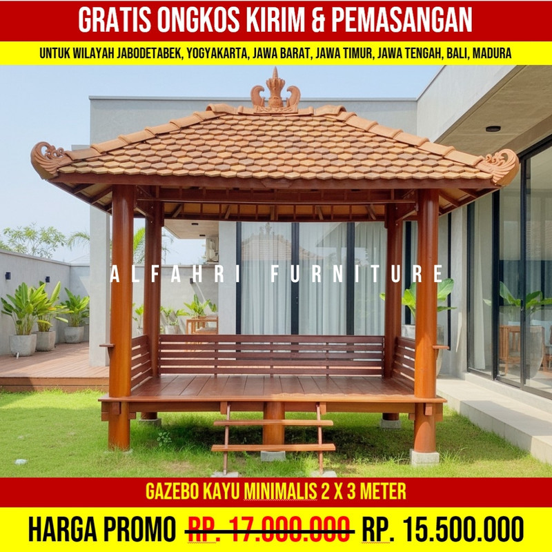 Gazebo Taman Natural Elegan Gaya Klasik Modern 2x3 Atap Genteng Sirap