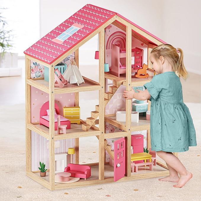 6 Rooms Wooden Doll House, DIY Pretend Doll House PINK