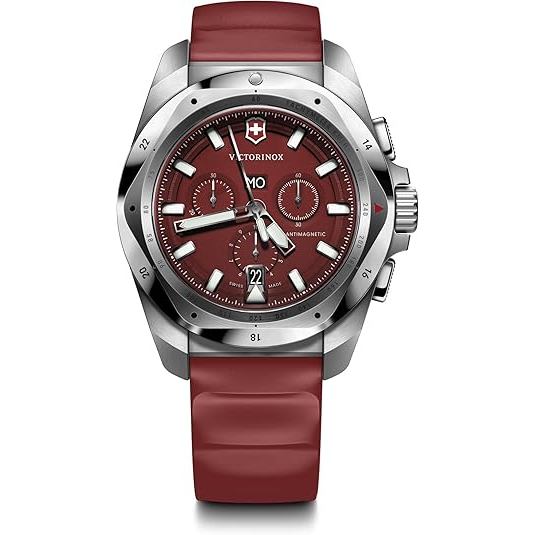 Victorinox I.N.O.X. Chrono 43mm Mens Watch - Silver Stainless Steel Case, Red Dial, and Red Rubber S