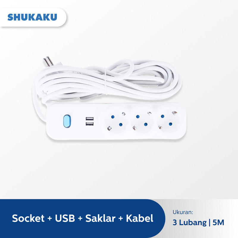 SHUKAKU STOP KONTAK USB SAKLAR 3 LUBANG KABEL 5 METER SKU 8153KSU