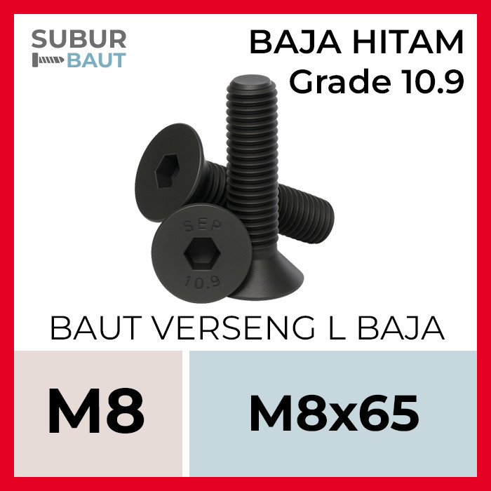 Baut JF L Baja Hitam / Baut Verseng L M8x65 / 8x65 / 8 x 65 Grade 10.9 [Socket Countersunk Screw]