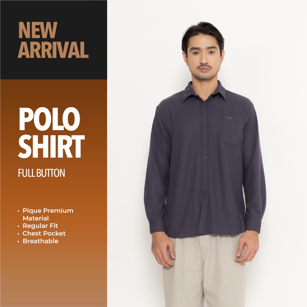 Erigo Polo Shirt Full Button Long Sleeve Brenn Navy - Kemeja Kerah Lengan Panjang Polos Unisex