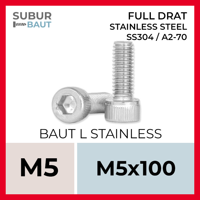 Baut L Stainless M5x100 / 5x100 / 5 x 100 Full Drat Grade SS304 / SUS304 / 304 / A2-70 [Stainless St