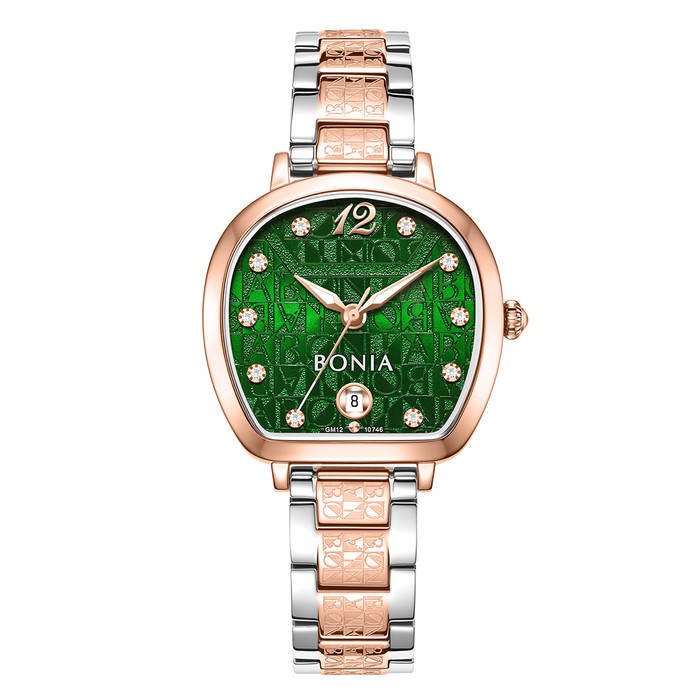 Jam Tangan Wanita Bonia Sonia Green Monogram Dial Stainless Steel Strap Analog B10746-2695 Original