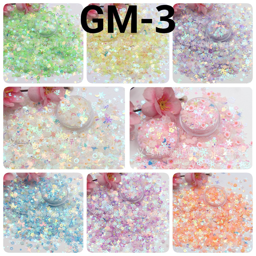 GM-3 Glitter 10gr mix snowflake kerang kiwi jeruk bunga kupu-kupu bulan daun hati hijau ungu orange 