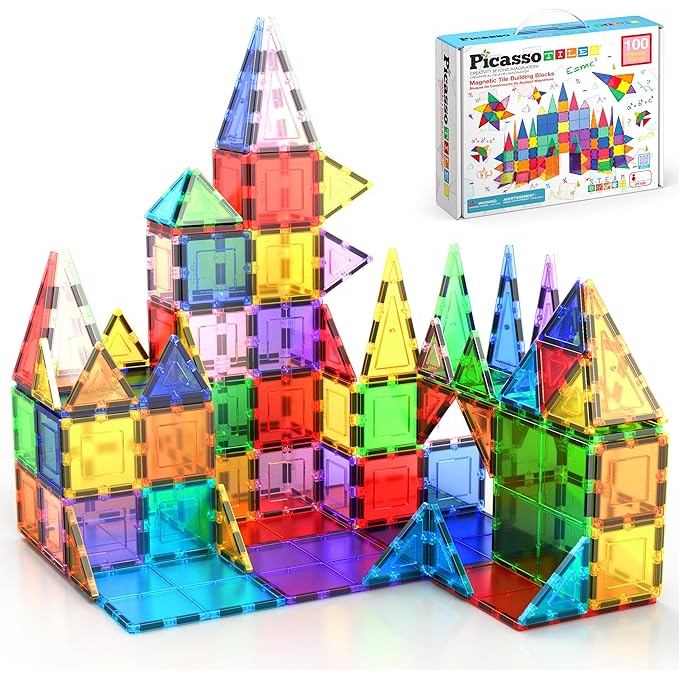 PicassoTiles 100 Piece Set 100pcs Magnet Building Tiles Clear Magnetic 3D Blocks