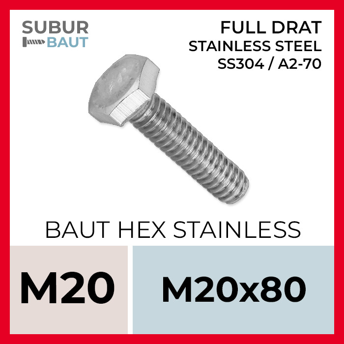 Baut Hex Stainless M20x80 / 20x80 / 20 x 80 Full Drat Grade SS304 / SUS304 / 304 / A2-70 [Stainless 