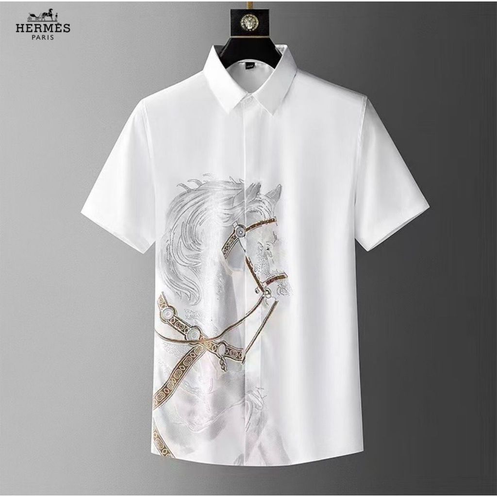 Kemeja Pria Kasual Kekinian Terbaru Motif Kuda Minimalis Lengan Pendek Import Bahan Satin Luxury Hit