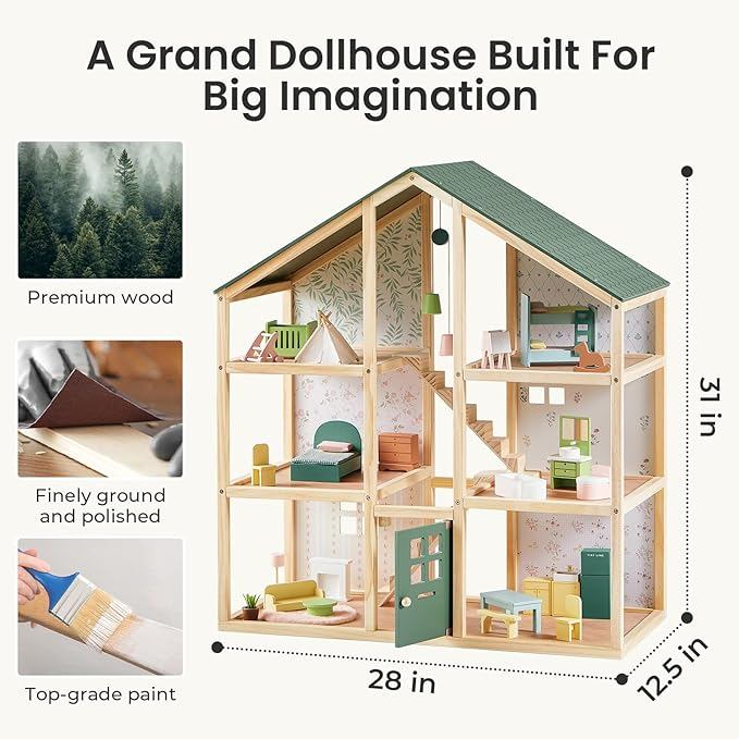 6 Rooms Wooden Doll House, DIY Pretend Doll House GREEB