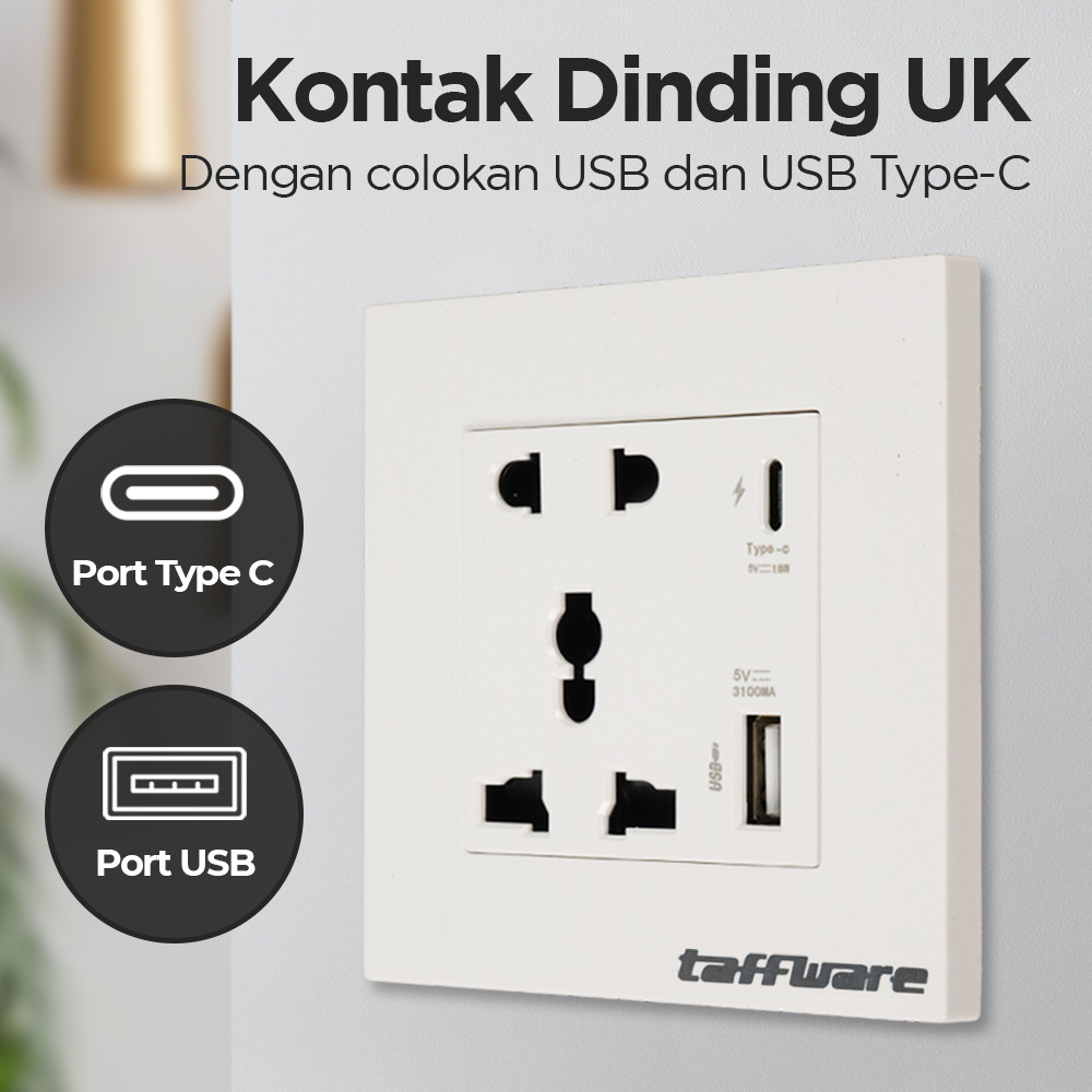 Stop Kontak Dinding UK USB A+C, Socket Tanam Listrik, Type C 18W & USB Charger