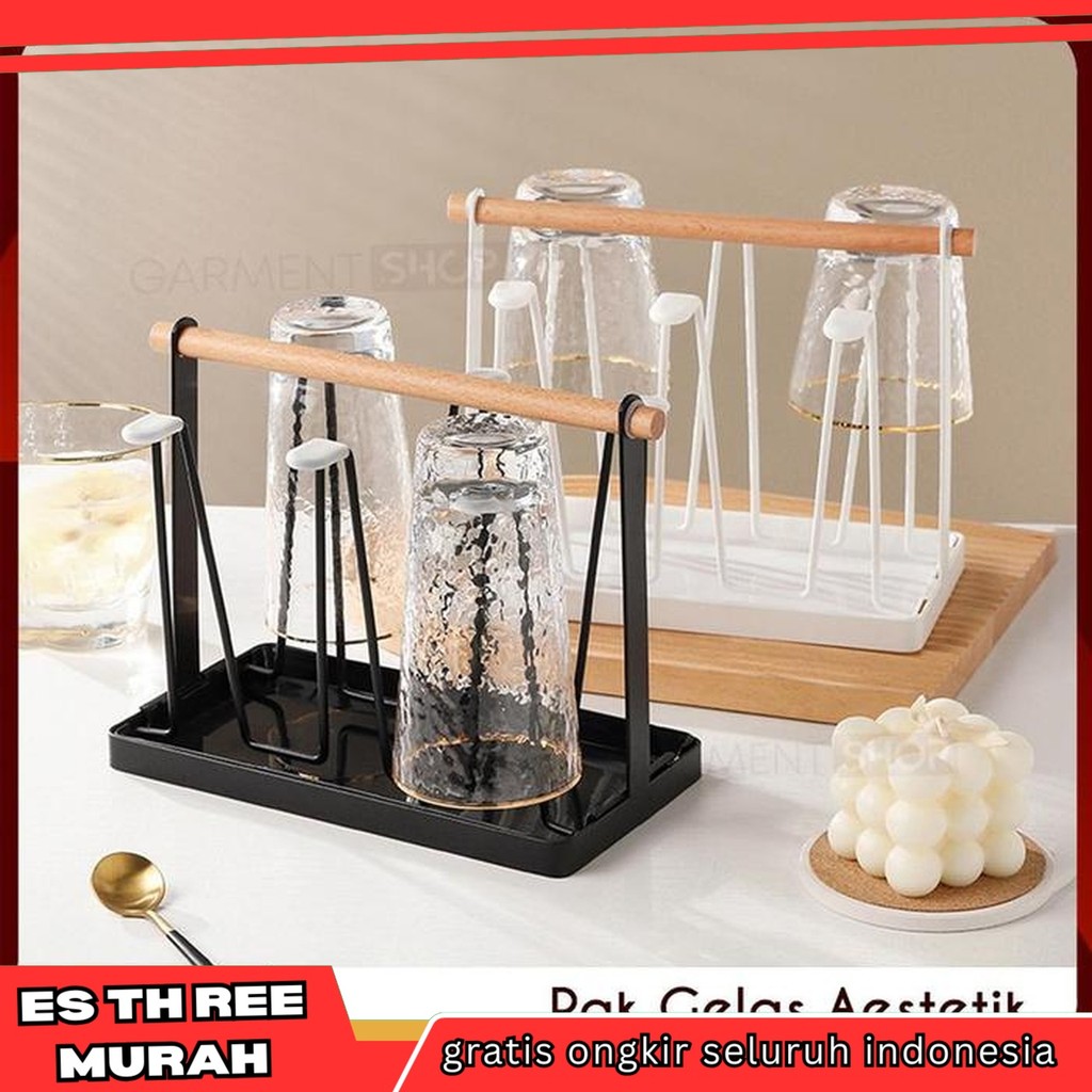 RAK GELAS ORGANIZER BESI CUP HOLDER 6 CANGKIR GELAS MINIMALIS PEGANGAN KAYU CUP PROMO RAMADHAN