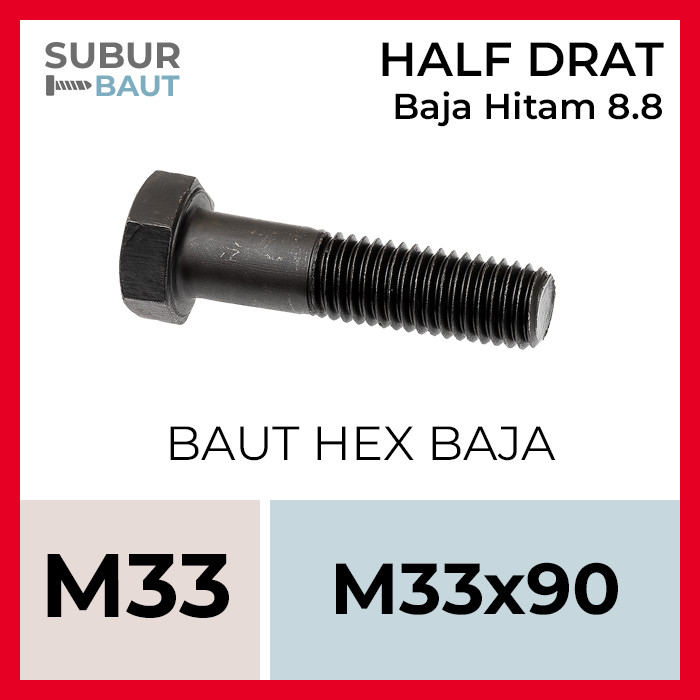 Baut Hex Baja Hitam HTB M33x90 / 33x90 / 33 x 90 - Half Drat - Grade 8.8 / 88 [High Tensile Bolt]