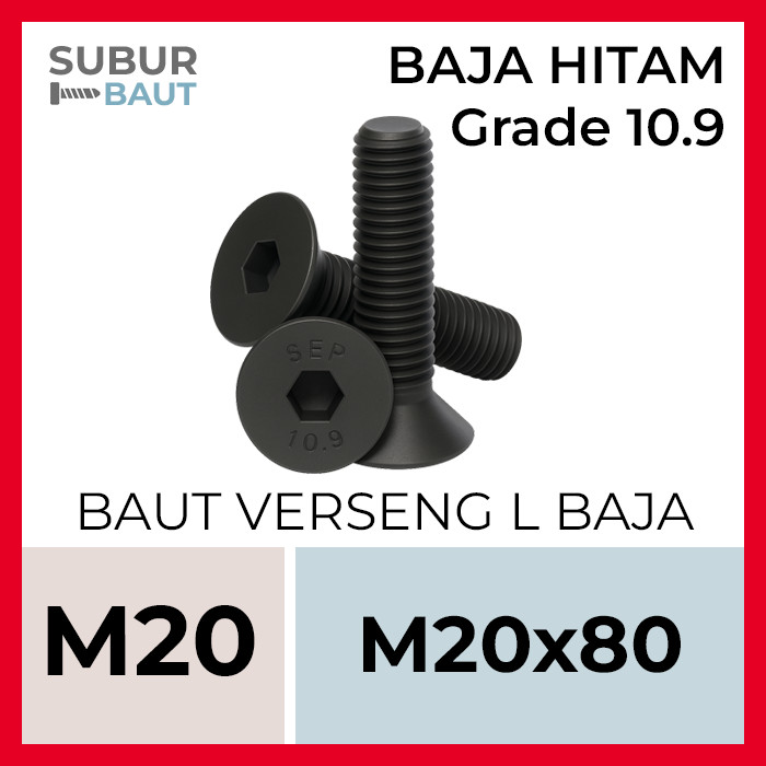 Baut JF L Baja Hitam / Baut Verseng L M20x80 / 20x80 / 20 x 80 Grade 10.9 [Socket Countersunk Screw]