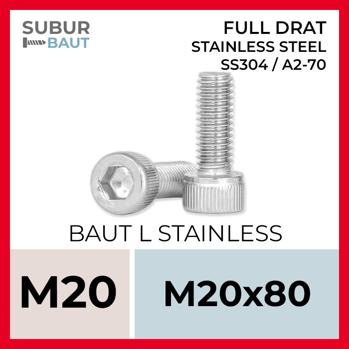 Baut L Stainless M20x80 / 20x80 / 20 x 80 Full Drat Grade SS304 / SUS304 / 304 / A2-70 [Stainless St