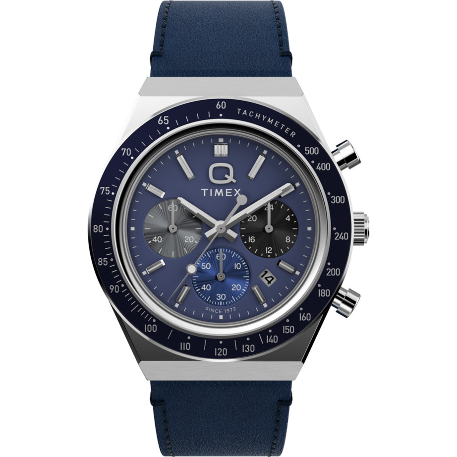 Jam Tangan Pria Timex Q Diver Inspired Chronograph Blue Dial Blue Leather Strap TW2Y36100V5 Original
